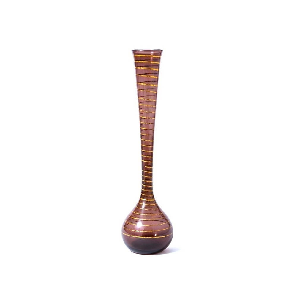 Elegant Handblown and Hand Decorated Purple and Gold Glass Vase- tall stem vase